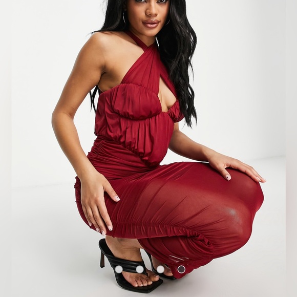 NWT ASOS DESIGN midi dress in ruched mesh with halter neck in red - Picture 3 of 4